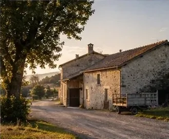 Image d'illustration générée par IA représentant l'allée d'une ferme en pierre